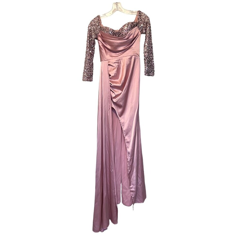 Faeriesty XS Pink Satin & Sequin Long Gown With Draped Front & 3/4 Sleeves